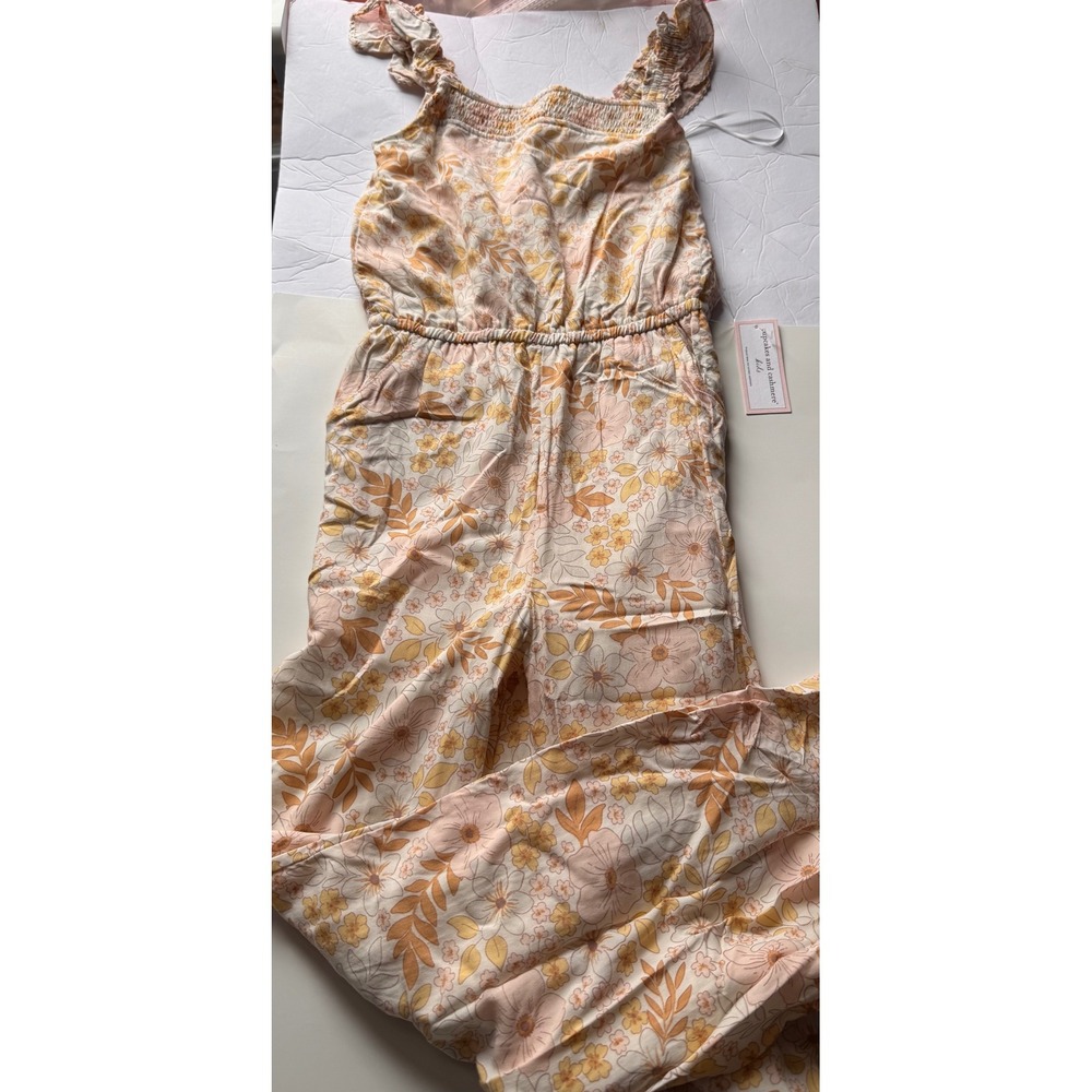Cupcakes and Cashmere Kids Floral Jumpsuit Peach Yellow Smocked Wide Leg L 10-12